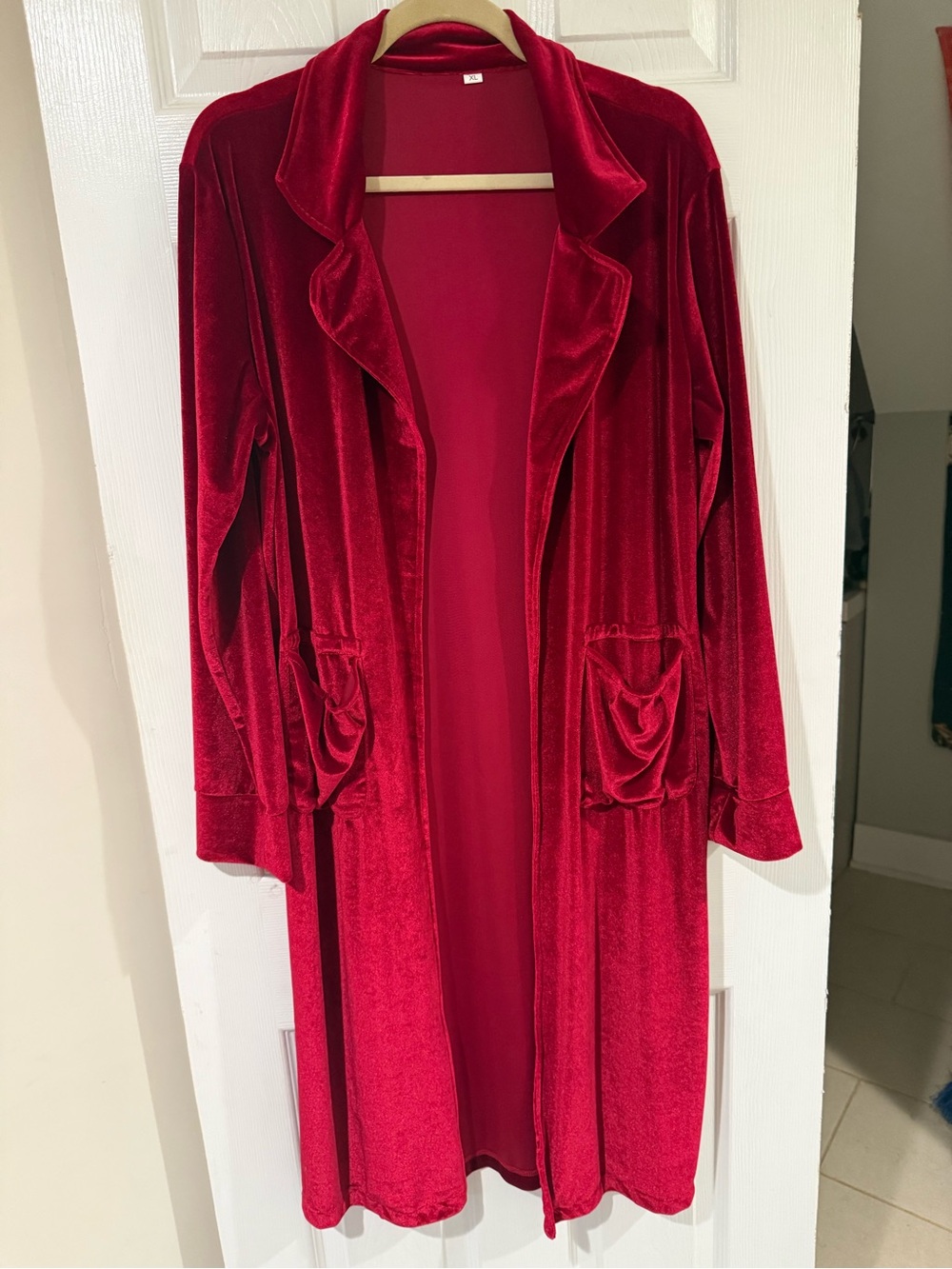Velvet Open Front Long Cardigan - Rich Red